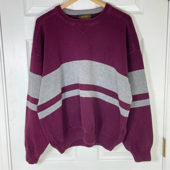 Vintage 90’s Eddie Bauer Men’s Sweater Size XL Striped Gray Maroon Knit Crewneck - Picture 2 of 8